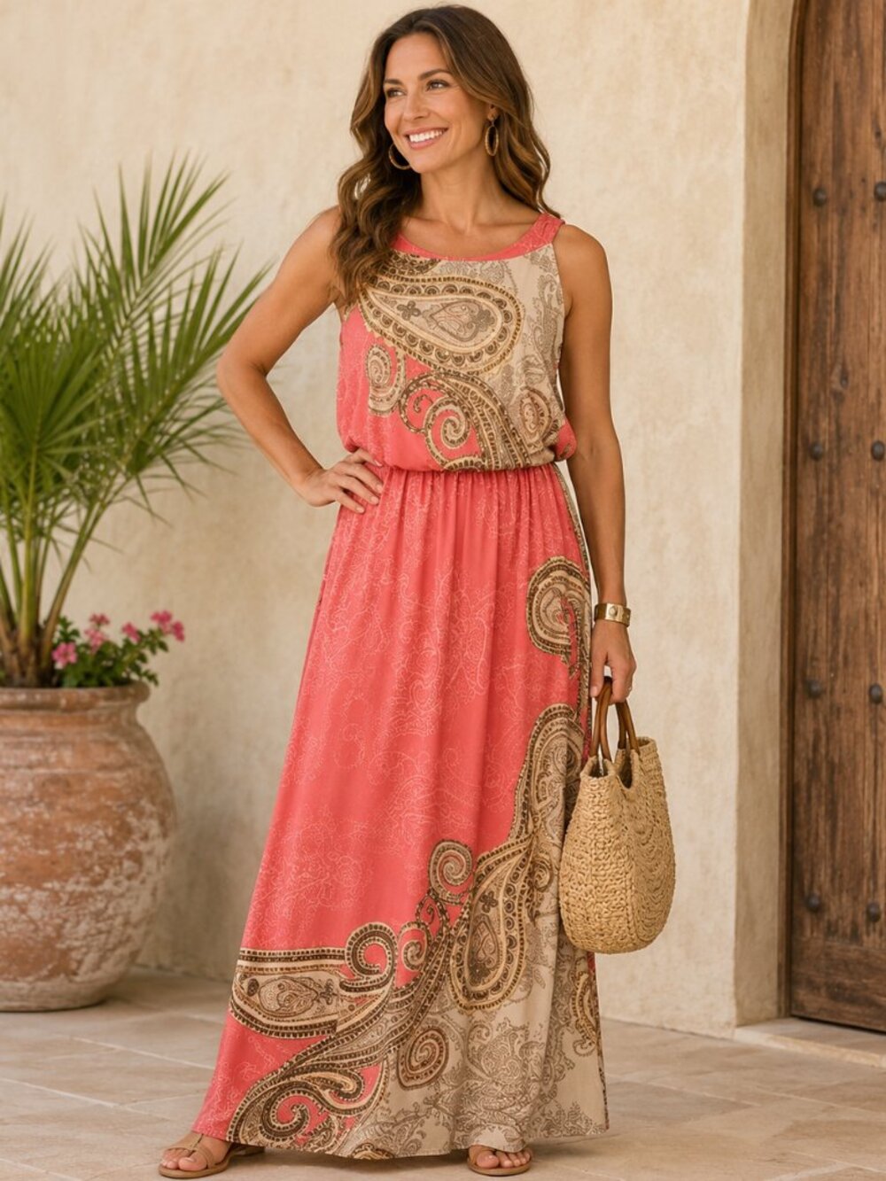 Chicos Women's Size 2‎ Coral Paisley Maxi Dress Sleeveless Resort Boho Sundress